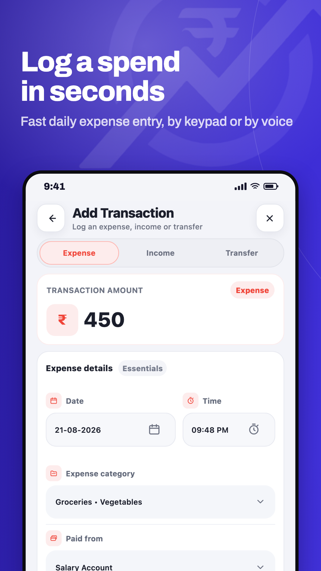 Adding a daily expense in a few taps with the Kharchy expense manager