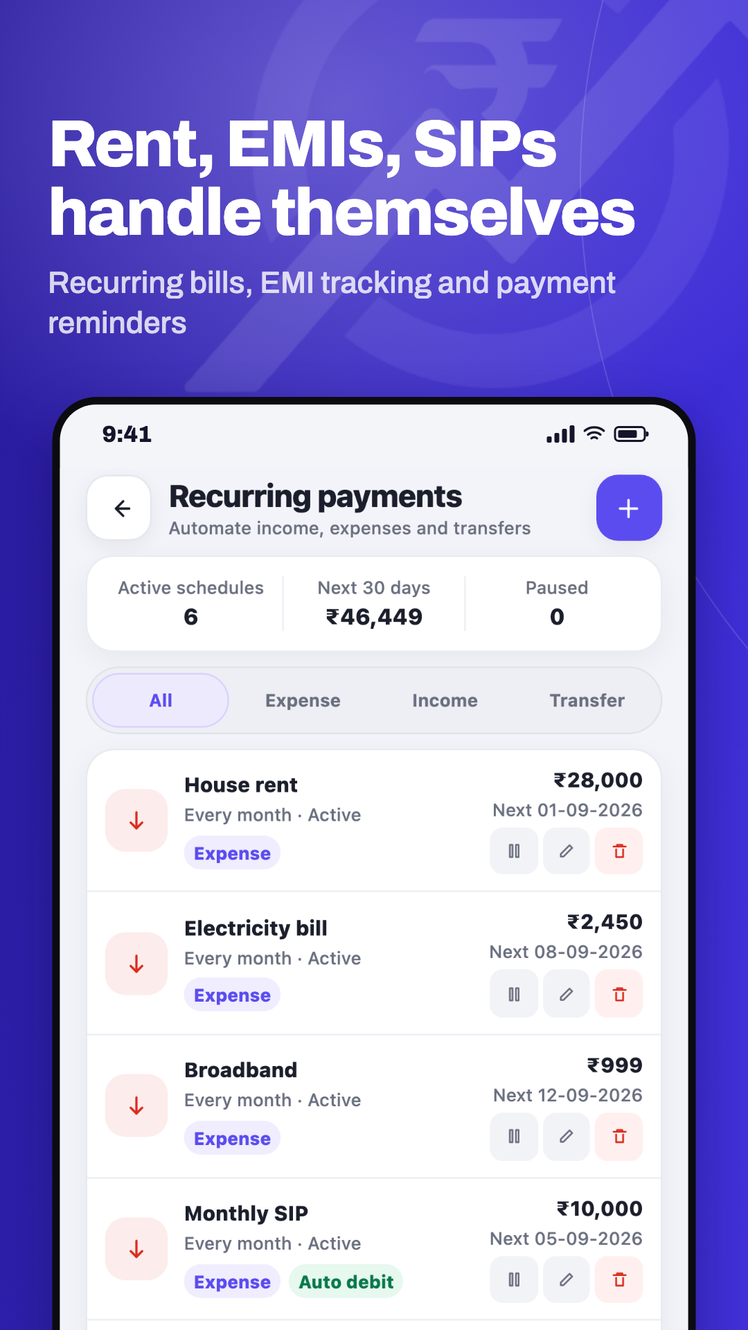 Recurring bill, EMI and SIP reminders in Kharchy