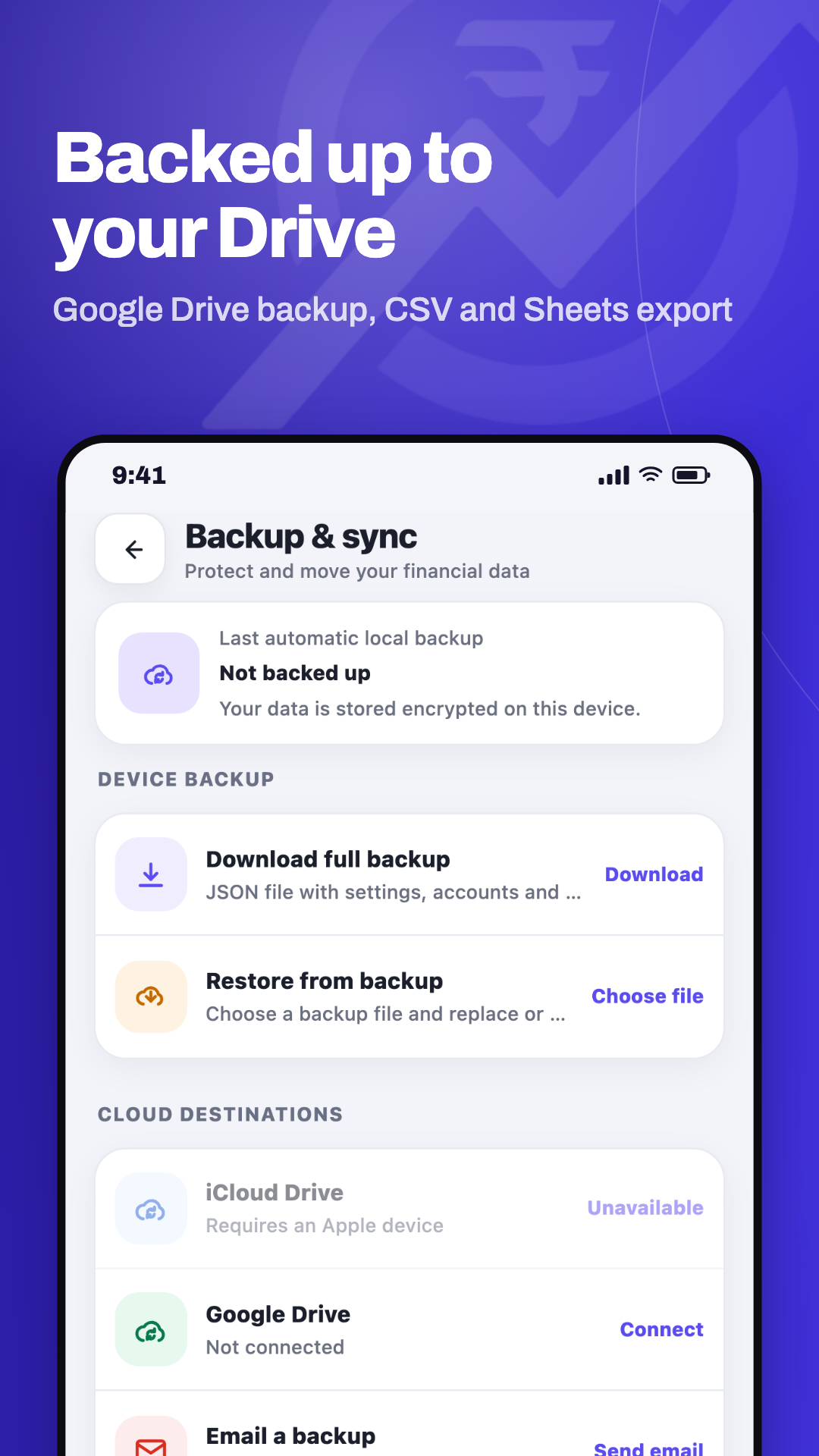 Optional Google Drive backup and CSV export of expenses